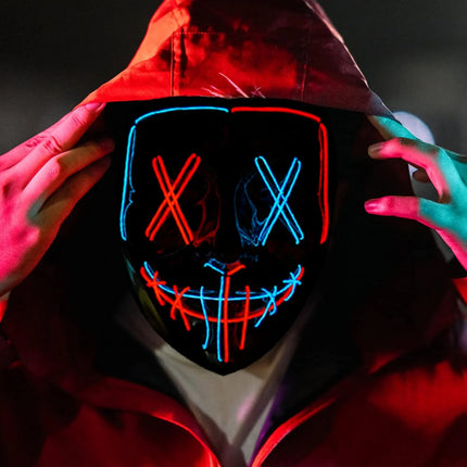 Masque de Purge Lumineux Sans Fil – LED Multicolores – Brille dans la Nuit – Déguisement pour Adultes & Enfants