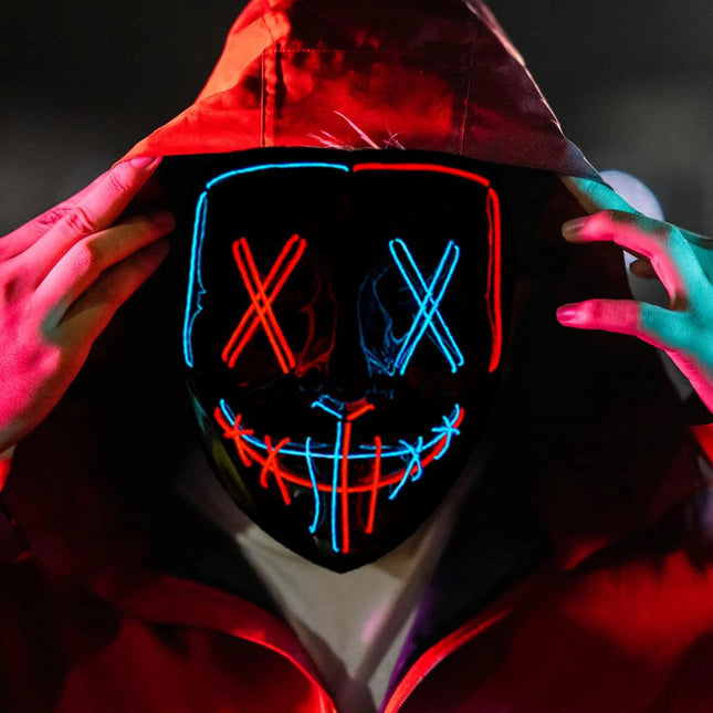 Masque de Purge Lumineux Sans Fil – LED Multicolores – Brille dans la Nuit – Déguisement pour Adultes & Enfants