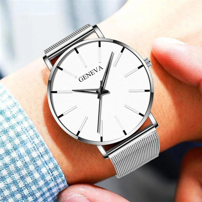 Montre Homme Ultra‑Mince – Style Business, Bracelet Maille Acier Inoxydable, Mouvement Quartz