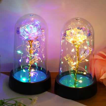 Veilleuse Rose en Feuille d’Or sous Cloche – Lampe Décorative LED pour Mariage, Fête & Cadeau Romantique