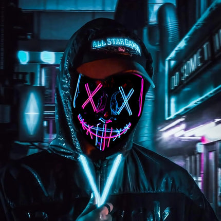 Masque de Purge Lumineux Sans Fil – LED Multicolores – Brille dans la Nuit – Déguisement pour Adultes & Enfants
