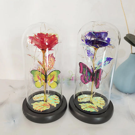 Rose Lumineuse avec Papillon – Fleur LED Colorée sous Cloche en Verre – Lampe Galaxy Rose, Idée Cadeau Romantique