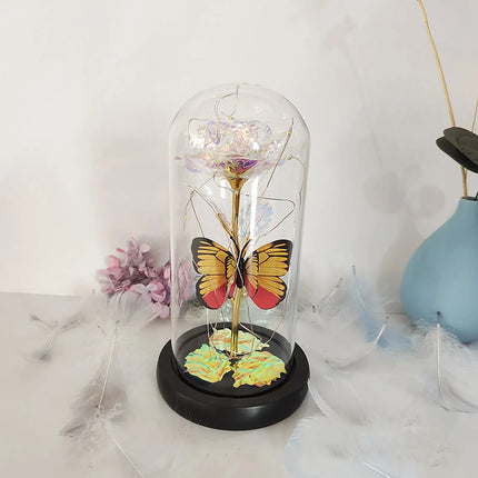 Rose Lumineuse avec Papillon – Fleur LED Colorée sous Cloche en Verre – Lampe Galaxy Rose, Idée Cadeau Romantique