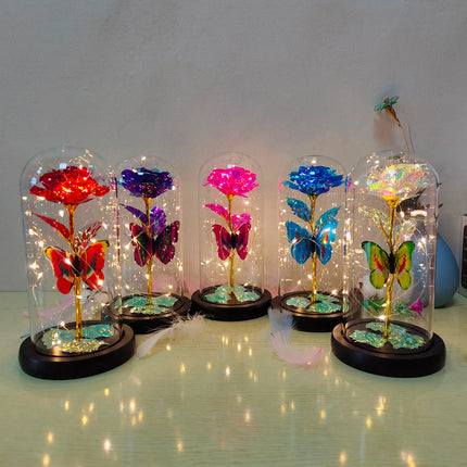 Rose Lumineuse avec Papillon – Fleur LED Colorée sous Cloche en Verre – Lampe Galaxy Rose, Idée Cadeau Romantique
