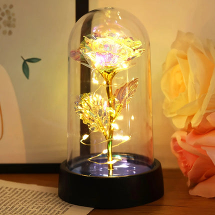 Veilleuse Rose en Feuille d’Or sous Cloche – Lampe Décorative LED pour Mariage, Fête & Cadeau Romantique