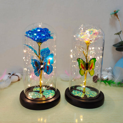 Rose Lumineuse avec Papillon – Fleur LED Colorée sous Cloche en Verre – Lampe Galaxy Rose, Idée Cadeau Romantique