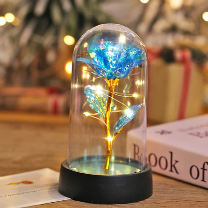 Veilleuse Rose en Feuille d’Or sous Cloche – Lampe Décorative LED pour Mariage, Fête & Cadeau Romantique