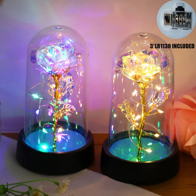 Veilleuse Rose en Feuille d’Or sous Cloche – Lampe Décorative LED pour Mariage, Fête & Cadeau Romantique
