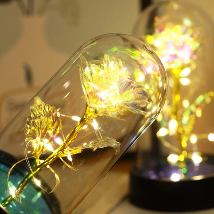 Veilleuse Rose en Feuille d’Or sous Cloche – Lampe Décorative LED pour Mariage, Fête & Cadeau Romantique