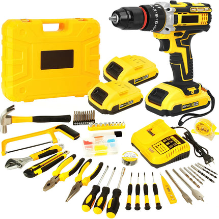 Kit d’outils 21V avec perceuse sans fil – 120 pièces, mandrin métal 3/8", embrayage 25+3, couple max 45 Nm