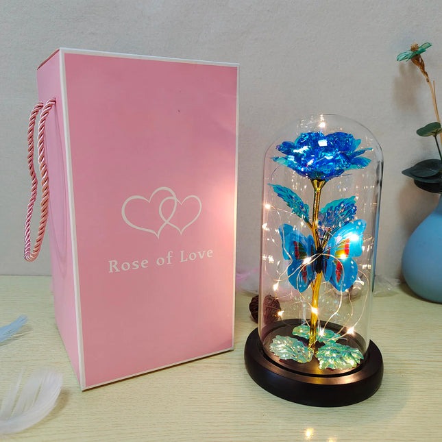 Rose Lumineuse avec Papillon – Fleur LED Colorée sous Cloche en Verre – Lampe Galaxy Rose, Idée Cadeau Romantique
