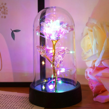 Veilleuse Rose en Feuille d’Or sous Cloche – Lampe Décorative LED pour Mariage, Fête & Cadeau Romantique