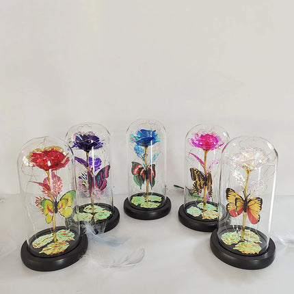 Rose Lumineuse avec Papillon – Fleur LED Colorée sous Cloche en Verre – Lampe Galaxy Rose, Idée Cadeau Romantique