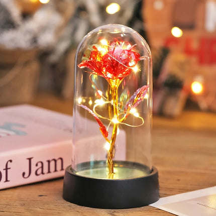 Veilleuse Rose en Feuille d’Or sous Cloche – Lampe Décorative LED pour Mariage, Fête & Cadeau Romantique