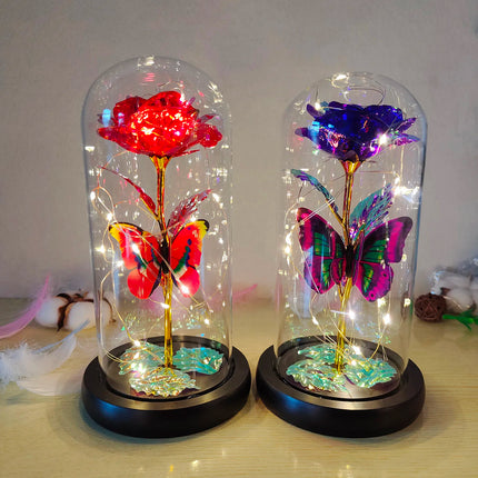 Rose Lumineuse avec Papillon – Fleur LED Colorée sous Cloche en Verre – Lampe Galaxy Rose, Idée Cadeau Romantique
