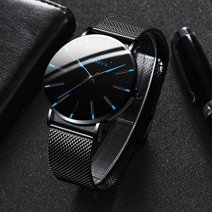 Montre Homme Ultra‑Mince – Style Business, Bracelet Maille Acier Inoxydable, Mouvement Quartz