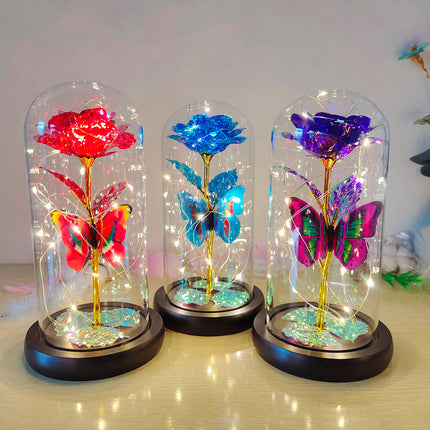 Rose Lumineuse avec Papillon – Fleur LED Colorée sous Cloche en Verre – Lampe Galaxy Rose, Idée Cadeau Romantique