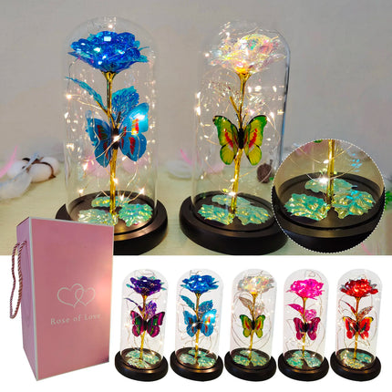 Rose Lumineuse avec Papillon – Fleur LED Colorée sous Cloche en Verre – Lampe Galaxy Rose, Idée Cadeau Romantique