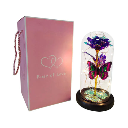 Rose Lumineuse avec Papillon – Fleur LED Colorée sous Cloche en Verre – Lampe Galaxy Rose, Idée Cadeau Romantique