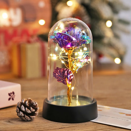 Veilleuse Rose en Feuille d’Or sous Cloche – Lampe Décorative LED pour Mariage, Fête & Cadeau Romantique
