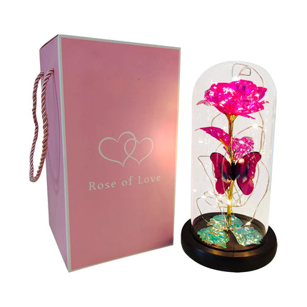 Rose Lumineuse avec Papillon – Fleur LED Colorée sous Cloche en Verre – Lampe Galaxy Rose, Idée Cadeau Romantique