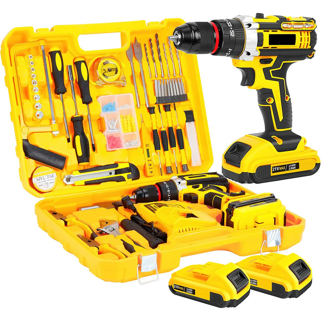 Kit d’outils 21V avec perceuse sans fil – 120 pièces, mandrin métal 3/8", embrayage 25+3, couple max 45 Nm