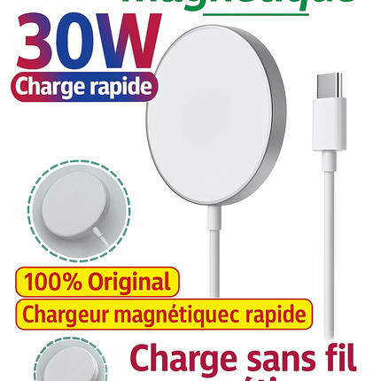 Station de Chargement Magnétique Sans Fil 30W – Avec Câble Type‑C – Compatible iPhone 16 / 15 Pro Max & AirPods – Support de Charge Rapide