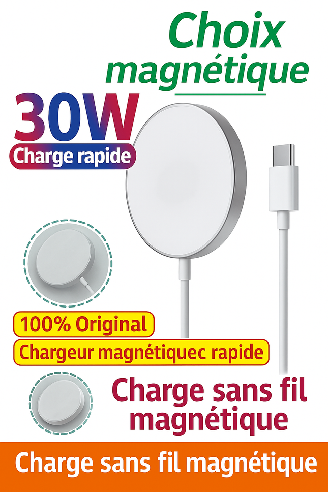Station de Chargement Magnétique Sans Fil 30W – Avec Câble Type‑C – Compatible iPhone 16 / 15 Pro Max & AirPods – Support de Charge Rapide