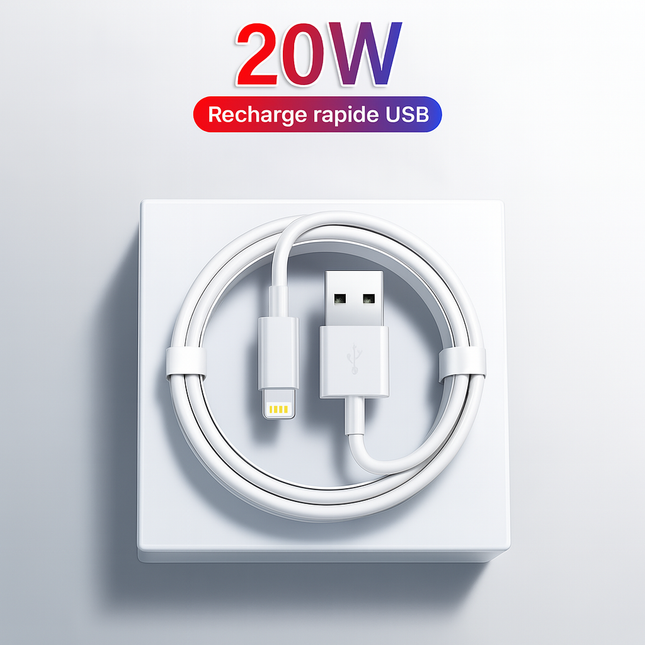 Câble USB de Charge Rapide – Compatible iPhone 14 / 13 / 12 / 11 Pro Max / Mini / XR / XS / X / SE / 8 / 7 / 6 / 6s / 5 – iPad – Accessoire Chargeur