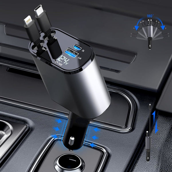 4 en 1 Chargeur Allume Cigare Voiture USB C - 69W Charge Rapide Pliable a 180° Chargeur Voiture avec 2 Câbles Rétractables & Port USB-C/A, pour iPhone/Samsung