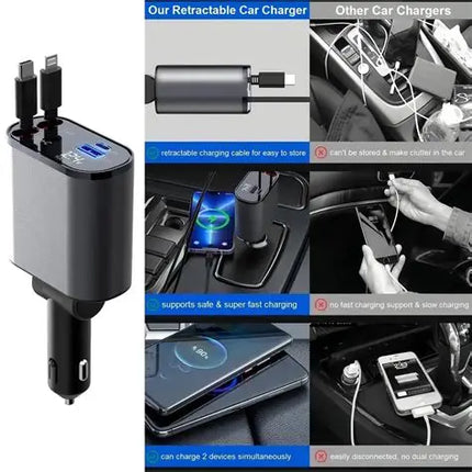 4 en 1 Chargeur Allume Cigare Voiture USB C - 69W Charge Rapide Pliable a 180° Chargeur Voiture avec 2 Câbles Rétractables & Port USB-C/A, pour iPhone/Samsung