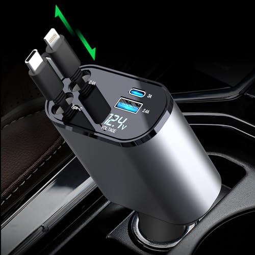 4 en 1 Chargeur Allume Cigare Voiture USB C - 69W Charge Rapide Pliable a 180° Chargeur Voiture avec 2 Câbles Rétractables & Port USB-C/A, pour iPhone/Samsung
