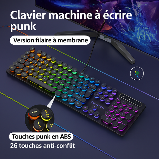 Clavier de Jeu EWEADN GX330 – Style Machine à Écrire Rétro Punk, 104 Touches Filaires, Rétroéclairage RVB – PC & Ordinateur Portable Windows