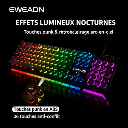 Clavier de Jeu EWEADN GX330 – Style Machine à Écrire Rétro Punk, 104 Touches Filaires, Rétroéclairage RVB – PC & Ordinateur Portable Windows