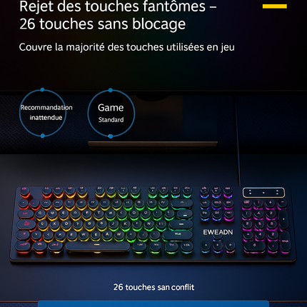 Clavier de Jeu EWEADN GX330 – Style Machine à Écrire Rétro Punk, 104 Touches Filaires, Rétroéclairage RVB – PC & Ordinateur Portable Windows