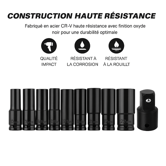 Jeu de Douilles à Impact 1/2" – 10 Pièces, Profondes, Universelles – Pour Clé à Choc Pneumatique ou Électrique