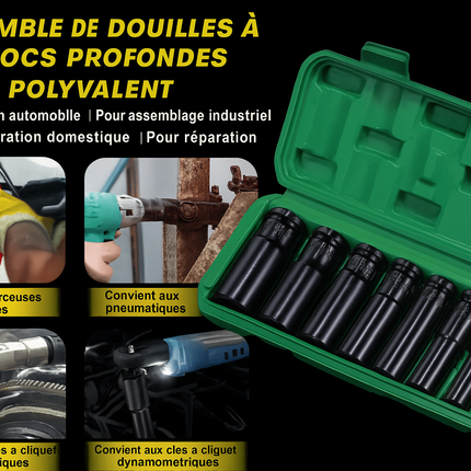 Jeu de Douilles à Impact 1/2" – 10 Pièces, Profondes, Universelles – Pour Clé à Choc Pneumatique ou Électrique