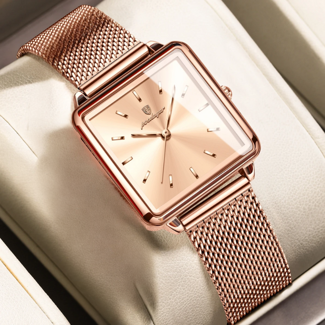 Montre Femme POEDAGAR – Élégance Carrée Étanche en Acier Inoxydable Maille, Mouvement Quartz