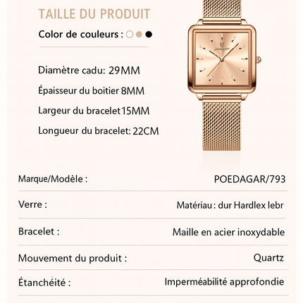 Montre Femme POEDAGAR – Élégance Carrée Étanche en Acier Inoxydable Maille, Mouvement Quartz