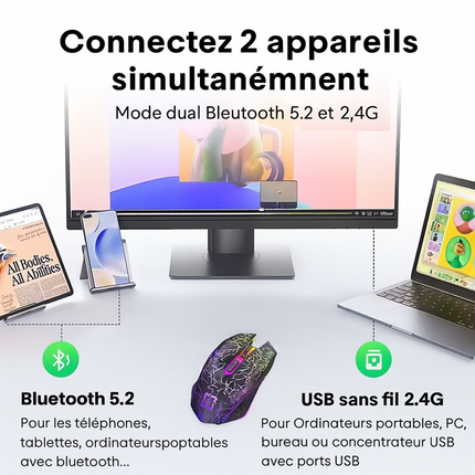 Souris Sans Fil 2.4G & Bluetooth – Gaming, Silencieuse, Rechargeable, 800‑1600 DPI pour PC & MacBook