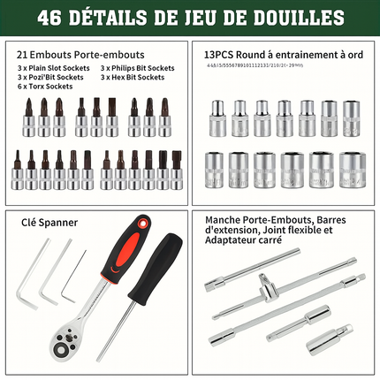 Kit d’outils de réparation automobile 46 pièces – Clé dynamométrique, cliquet, tournevis & douilles