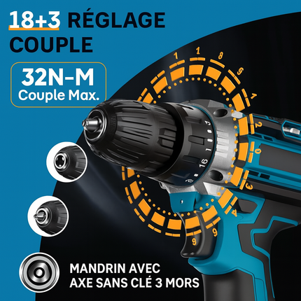 Tournevis à percussion sans fil 32 couples – Perceuse électrique polyvalente avec 2 vitesses et 2 batteries