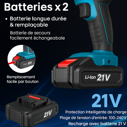 Tournevis à percussion sans fil 32 couples – Perceuse électrique polyvalente avec 2 vitesses et 2 batteries