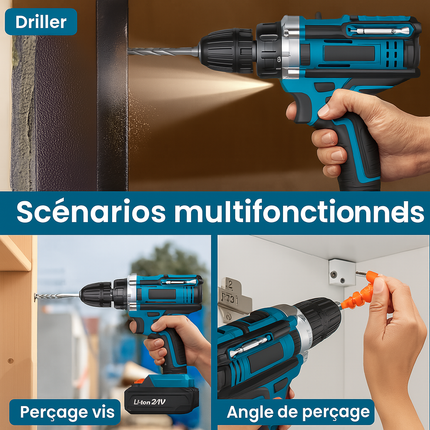 Tournevis à percussion sans fil 32 couples – Perceuse électrique polyvalente avec 2 vitesses et 2 batteries