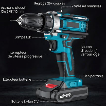 Tournevis à percussion sans fil 32 couples – Perceuse électrique polyvalente avec 2 vitesses et 2 batteries