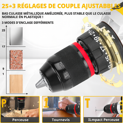 Kit d’outils 21V avec perceuse sans fil – 120 pièces, mandrin métal 3/8", embrayage 25+3, couple max 45 Nm